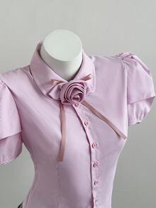 Flirla Rose Floral Striped Puff Sleeve Elegant Women Shirt - Pink - View 3