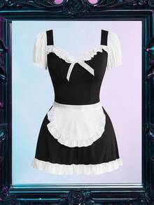 Fantasy Costume 2件套女士女仆装内衣连衣裙，带蝴蝶结装饰和围裙 - 黑與白 - 查看 6