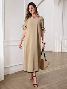 Miaspire 女士撞色圆领常规肩部短袖宽松长连衣裙，休闲百搭，适合春夏度假、外出等场合。 - 彩色 - 查看 3