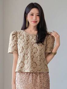 DAZY Women's Elegant Floral Textured Round Neck Puff Sleeve T-Shirt, Summer - Khaki - View 4