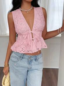 Serisse Áo nữ cổ chữ V sâu, buộc dây phía trước, kiểu dáng thường ngày, đa năng. - Hồng - Xem 5