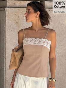 Siren Gaze 2025 Women's Spring/Summer New Design Lace Trim Camisole Top, Unique Minimalist Short Cropped Camisole - Khaki - View 7