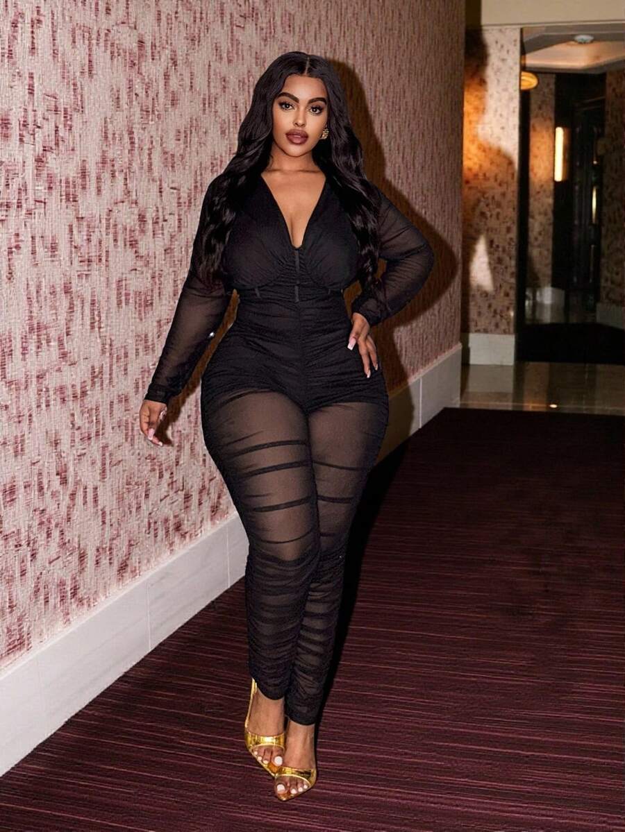 Slaydiva Hàng mới về Xuân/Hè, Quần áo nữ mùa thu, Quần áo nữ mùa đông, Trang phục lễ hội âm nhạc Halloween mới, Váy sinh nhật cho nữ, Trang phục hàng ngày, Cơ bản đa năng, Thường ngày, Kỳ nghỉ, Du lịch biển, Bãi biển, Tắm nắng, Xu hướng thịnh hành, Áo len dài tay màu đen trơn xếp ly dành cho nữ, Quần dài ôm gợi cảm, Áo liền quần cỡ lớn. - màu đen - Xem 1