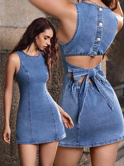 SHEIN PETITE Solid Color Round Neck Sleeveless Fitted Hollow Back Bow Decor Fashion Denim Dress For Summer