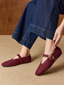 MOTF PREMIUM WOMEN'S COMMUTING CASUAL COMFORTABLE VERSATILE MARY JANE SQUARE TOE FLAT SHOES VALENTINE'S DAY - Burgundy alligator pattern - View 5