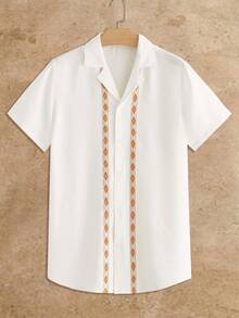 HIMLAND 男士几何印花短袖单排扣休闲衬衫 - 白色 - 查看 2