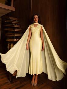 Modelyn Fashionable Deep V-Neck Asymmetric Patchwork Flowy Sleeve Rhinestone Embellished Fitted Dress - Yellow - View 6