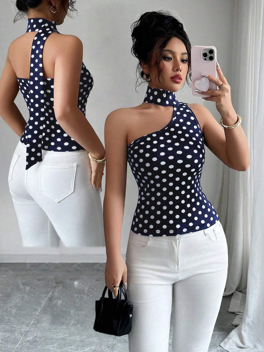Elenzga Women's Contrast Polka Dot Print Asymmetric Shoulder Tank Top - Royal Blue - View 1