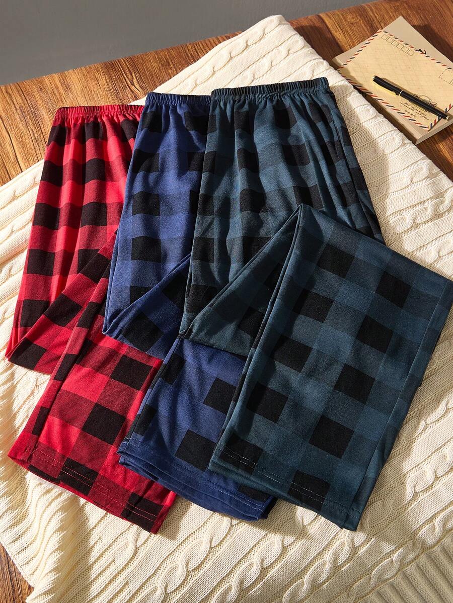 3pcs Men's Plaid Print Pajama Bottoms Set - Multicolor - View 1