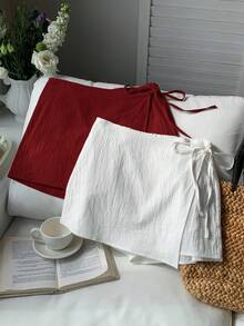 Comfortcana 女士休闲纯色系带裹身裙短裤套装 - 酒紅色 - 查看 3