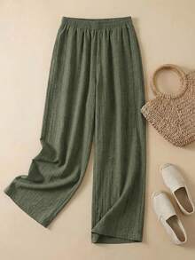 Rusticease 女士休闲日常通勤简约纯色弹力腰宽松阔腿裤 - 綠色 - 查看 9