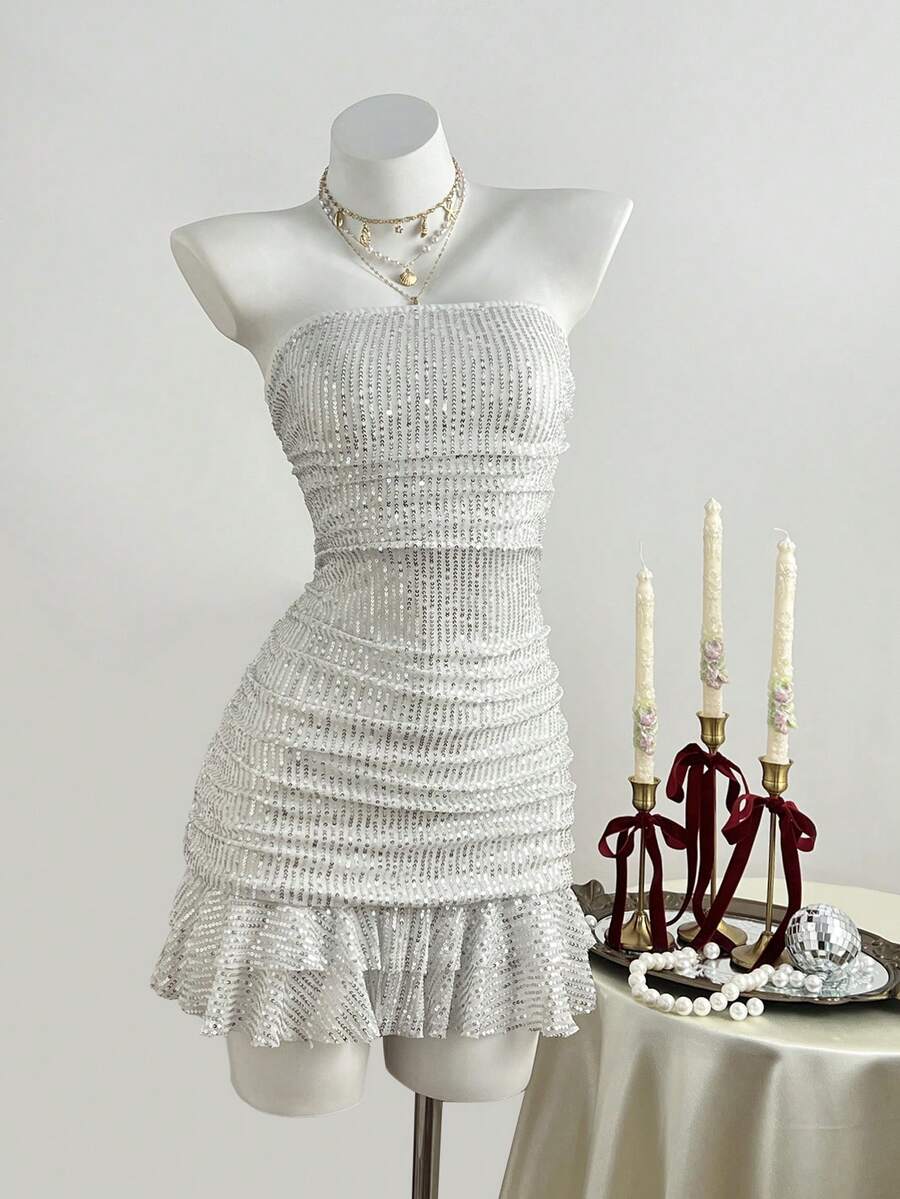 Elamini Đầm quây thời trang không dây vai, xếp ly đôi, màu trơn đính sequin dành cho nữ. - trắng - Xem 1