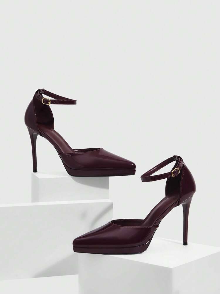 CUCCOO SZL Women's Pointed Toe High Heel Platform Ankle Strap Hollow Out Pumps, Wine Red, Formal, Party, Wedding, Nightclub, Minimalist High Heels Valentine's Day