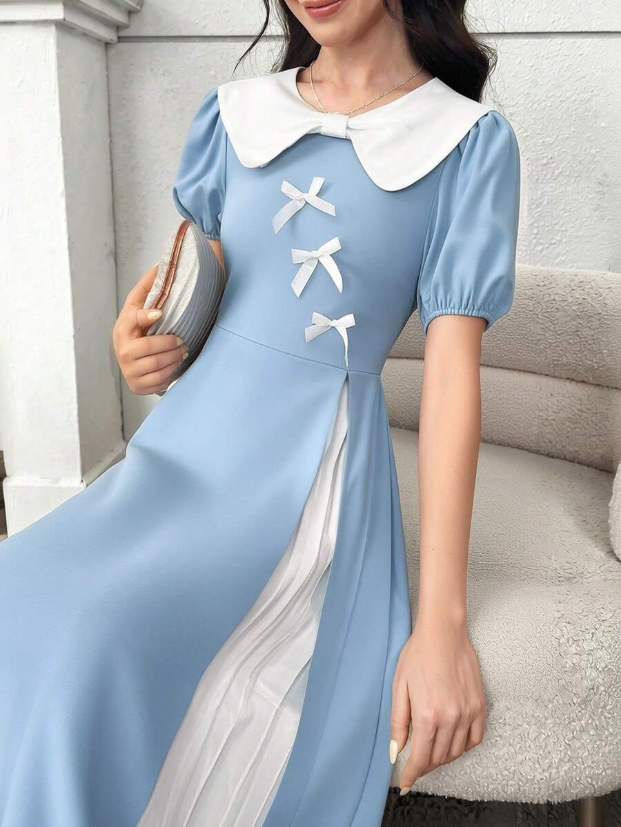 Teen Girl Elegant Peter Pan Collar Color Block Puff Sleeve Dress - Blue - View 1