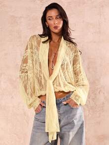 SHEIN Glamour 优雅通勤纯色系带女式衬衫 - 黃色 - 查看 6