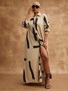 Vixey Printed Woven Button Down Pointed Collar Long Sleeve Maxi Shirt Dress - Brown - View 1