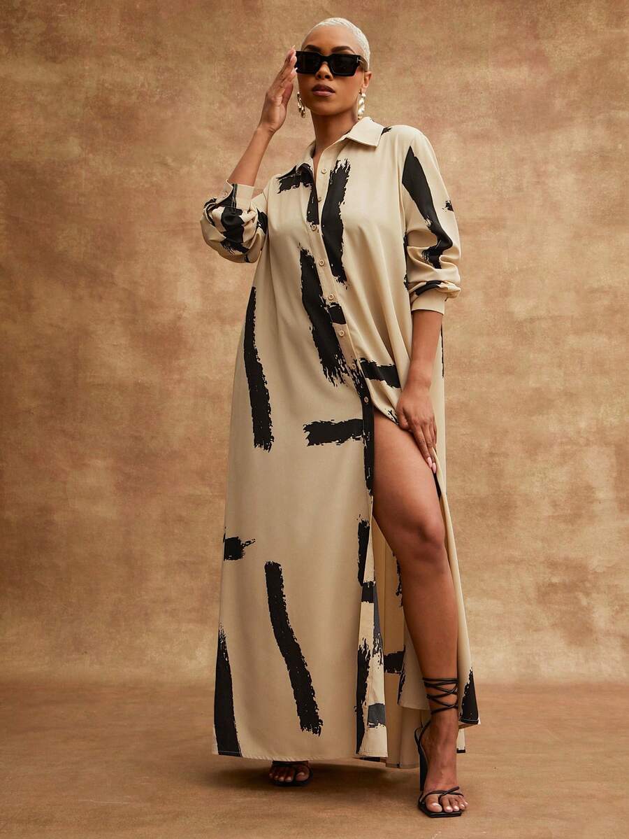 Vixey Printed Woven Button Down Pointed Collar Long Sleeve Maxi Shirt Dress - Brown - View 1
