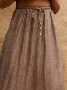 Vixey Textured Woven Drawstring Waistband Flowy Maxi Skirt - Camel - View 5