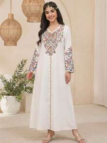 SHEIN Áo Jalabiya họa tiết hoa cho thiếu nữ, Áo Jalabiya thêu hoa cổ điển thanh lịch, Áo dài tay truyền thống tối giản kiểu Ả Rập cho thiếu nữ, phù hợp cho mùa xuân/hè, Áo dài tay kín đáo thanh lịch, Áo Abaya cầu nguyện, Thoải mái dễ chịu, Trang phục thường ngày, Phong cách nghỉ dưỡng, Áo Kaftan kín đáo, Áo Jalabiya cho thiếu nữ, Áo Jalabiya cho thiếu nữ - Nhiều màu - Xem 3