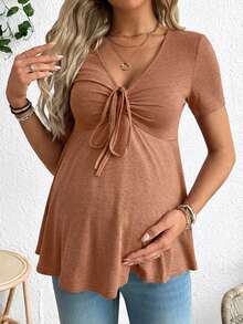 SHEIN Maternity Casual Drawstring Front Short Sleeve T-Shirt, Summer - Brown - View 6