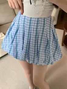 DAZY Women's Fashionable Y2K Plaid Print Bubble Hem Mini Skirt - Blue - View 9