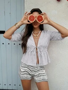 Selianne Áo sơ mi nữ mùa hè buộc dây, kẻ sọc, vải màu xanh da trời nhạt. - Đen và trắng - Xem 3