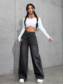 Flirla 大码 Y2K 牛仔风黑色无弹力紧身直筒裤，春季女式黑色宽松牛仔裤阔腿裤 - 黑色 - 查看 7