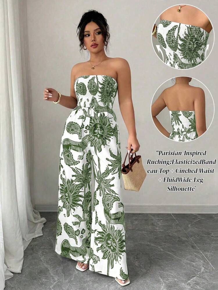 Elenzga Mono de mujer con estampado, cintura ceñida y pierna ancha, elegante para vacaciones, viajes y uso diario - Verde militar - Añade 8