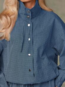 Athîral 女士休闲格子拉链立领落肩外套，秋季款 - 寶藍色 - 查看 6