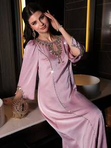 Layrah Handmade Rhinestone Embellished Pink Robe/Robe Pink Silk Dress Formal Elegant Party Uxury Evening Dresses Wedding Party Dress - Pink - View 9