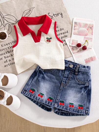2pcs/Set Baby Girls Summer New Knitted Textured Fabric Polo Collar Splice Color Block Cherry Embroidery Crop Top And Denim Cherry Embroidery Skort, Cute And Fashionable Outfit