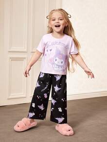 HELLO KITTY AND FRIENDS | SHEIN Young Girl Cute Cartoon Letter Graphic Short Sleeve T-Shirt And Long Pants Pajama Set, Spring/Summer/Autumn - Mauve Purple - View 6
