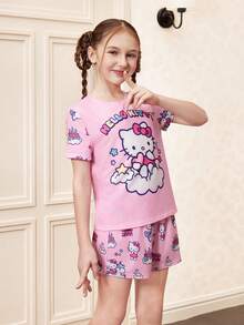 HELLO KITTY AND FRIENDS | SHEIN 少女可爱卡通字母图案短袖T恤和短裤睡衣套装，夏季 - 粉色 - 查看 6