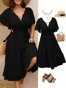 SHEIN Clasi Vestido midi de línea A con cuello en V, textura de punto, cintura con volantes y cadena, para mujer talla grande, primavera/verano - Negro - Ver 1