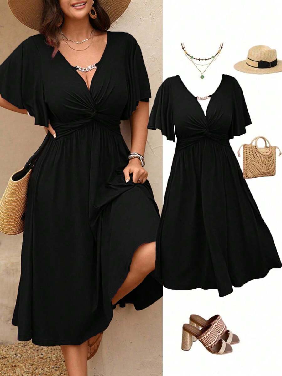 SHEIN Clasi Vestido midi de línea A con cuello en V, textura de punto, cintura con volantes y cadena, para mujer talla grande, primavera/verano - Negro - Ver 1