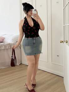 CovetEZ Plus Size Women's Sexy Backless Deep V-Neck Tie Front Cherry Print Vacation Top - Red - View 4