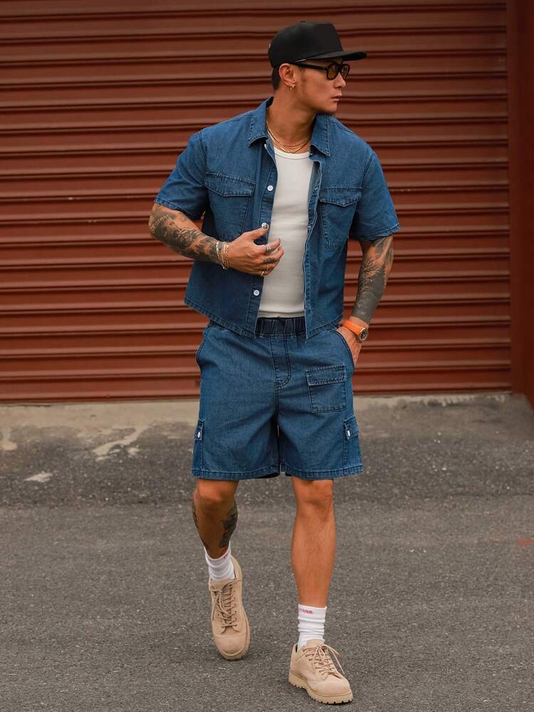 Summer Solid Color Washed Vintage Blue Short Sleeve Denim Suit With Shorts For Men