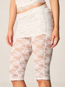 MISSGUIDED Delicate Lace Fold Over Capri Length Pants High Waisted Stretchy Fitted Semi Sheer Summer Evening Bottoms - White - View 2