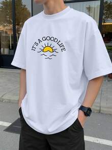 Manfinity Chillmode 男士休闲基础款印花落肩短袖T恤 - 白色 - 查看 3