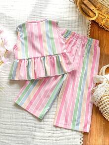 SHEIN Vintaside Kids 2件套女婴幼儿/新生儿0-3岁春夏休闲甜美日常度假条纹梭织无袖上衣和阔腿裤套装 - 粉色 - 查看 2