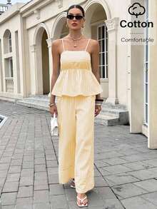 Siren Gaze Conjunto de 2 peças feminino listrado com babados na barra, composto por blusa regata e calça. - Amarelo - Ver 5