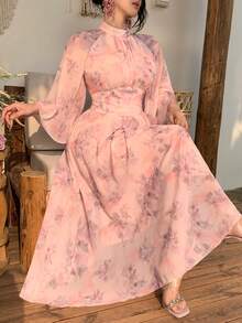 DAZY 女士优雅印花立领荷叶袖中长连衣裙，春夏婚礼宾客礼服 - 粉色 - 查看 1
