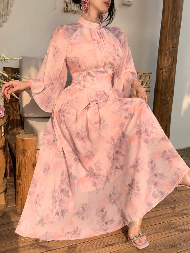 Women's Elegant Floral Print Stand Collar Ruffle Sleeve Mid-Length Dress, Spring/Summer Wedding Guest Dress Sundress