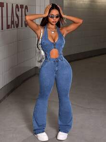 SHEIN Tall Mono de mezclilla con pierna acampanada y lazo en la cintura para mujer - Azul - Ver 3