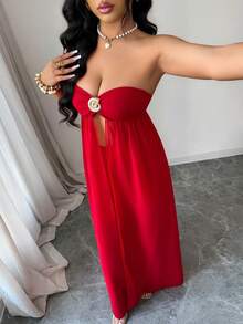 SHEIN Raffinéa 女士春夏金属无肩带透视雪纺开衩上衣搭配弹力直筒裤，时尚性感，外出两件套，红色两件套，假日风，度假装 - 紅色 - 查看 7