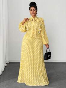 Maweii 大码女士优雅浪漫精致法式波点婚礼宾客V领雪纺荷叶边长袖收腰褶皱飘逸长裙 - 彩色 - 查看 1