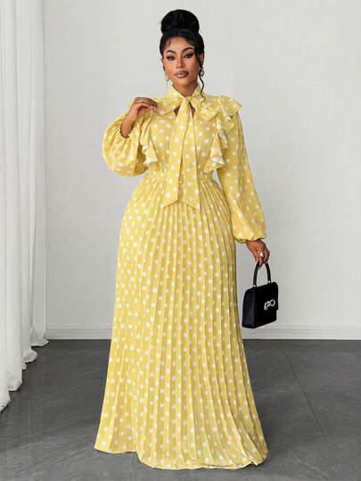 Maweii Plus Size Women Elegant Romantic Delicate French Polka Dot Wedding Guest V-Neck Chiffon Ruffle Long Sleeve Cinched Waist Pleated Flowing Maxi Dress