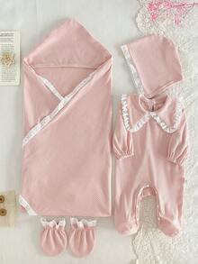 SHEIN 4件套新生儿婴儿服装套装，可爱彼得潘领白色蕾丝连体衣配帽子、毯子和手套 - 淺粉色 - 查看 9