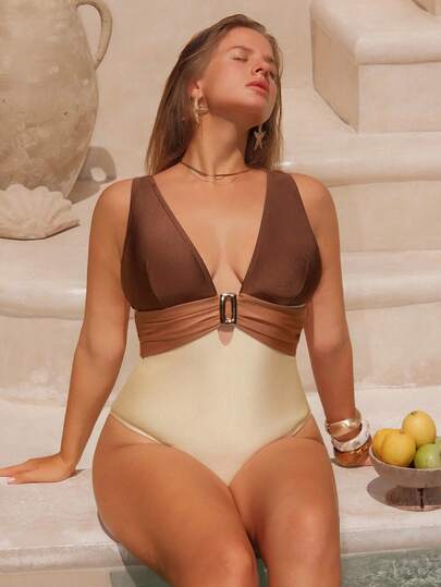 Swim Chiccia 2026 Plus Size Women's Fashionable Sexy Deep V-Neck Patchwork Maillard Color One-Piece Swimsuit Beach Outfit