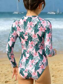 SHEIN 少女热带印花连体泳衣、度假和海滩装 - 粉色 - 查看 5